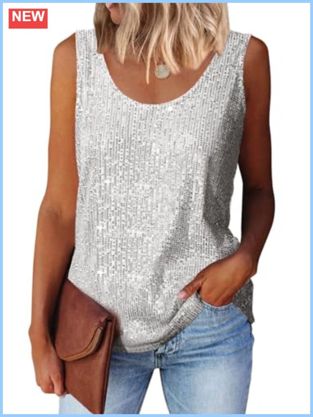 Sequin Sleeveless Scoop Neck Tank Top Shiny Party Blouse Women's